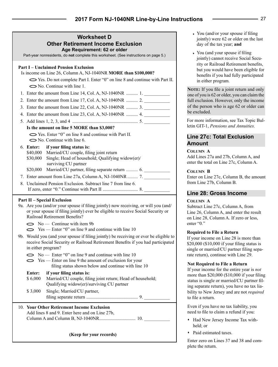Instructions for Form NJ-1040NR Nonresident Return - New Jersey, Page 27