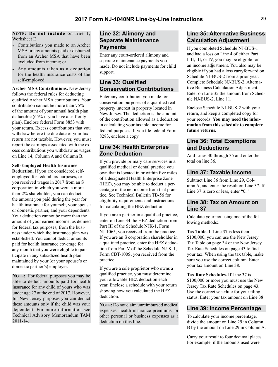 Instructions for Form NJ-1040NR Nonresident Return - New Jersey, Page 29