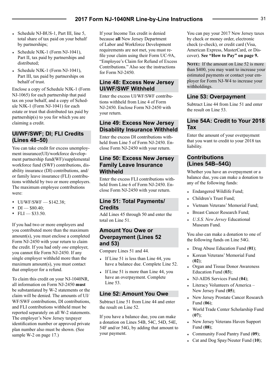 Download Instructions for Form NJ1040NR Nonresident Return PDF, 2017