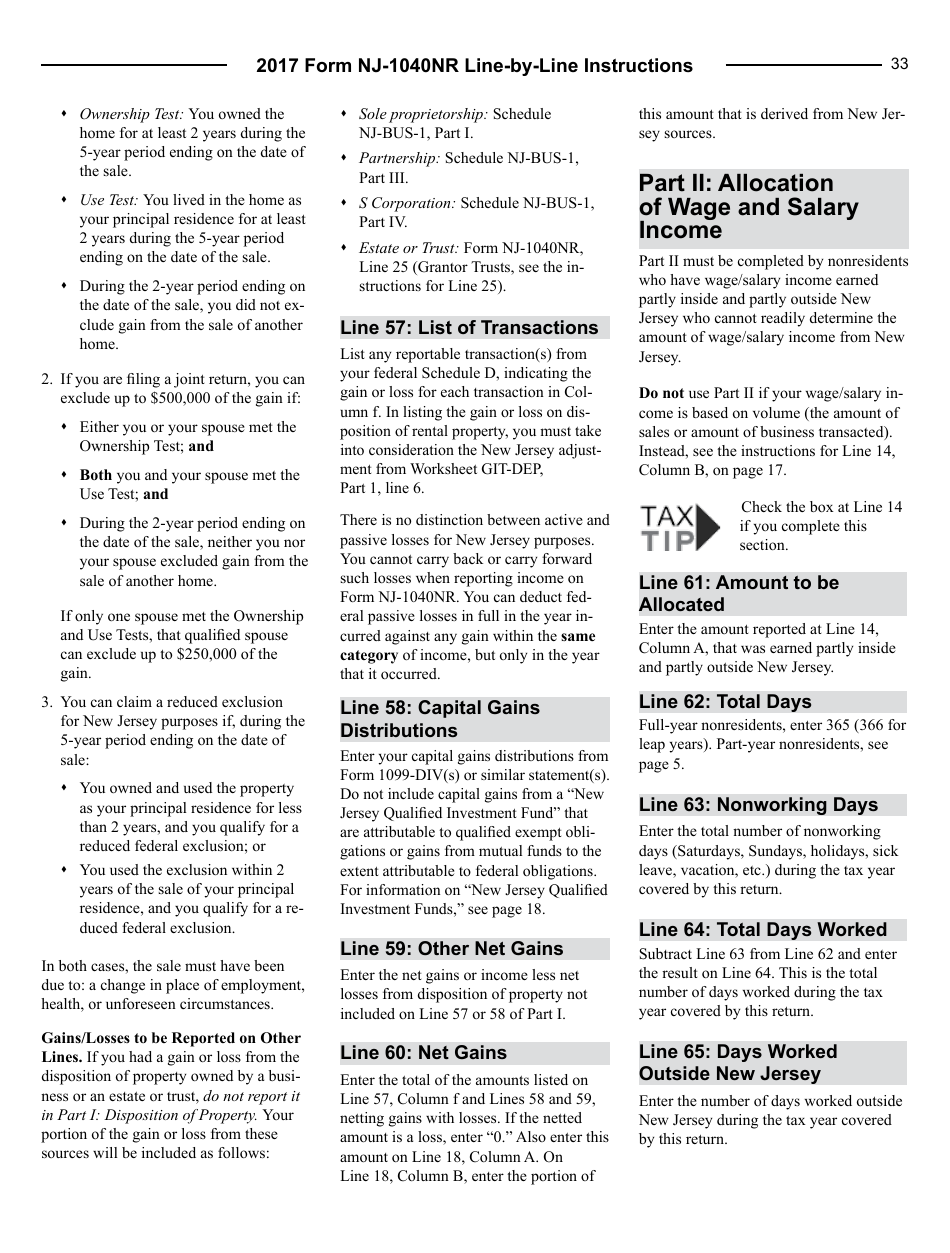 Download Instructions for Form NJ1040NR Nonresident Return PDF, 2017