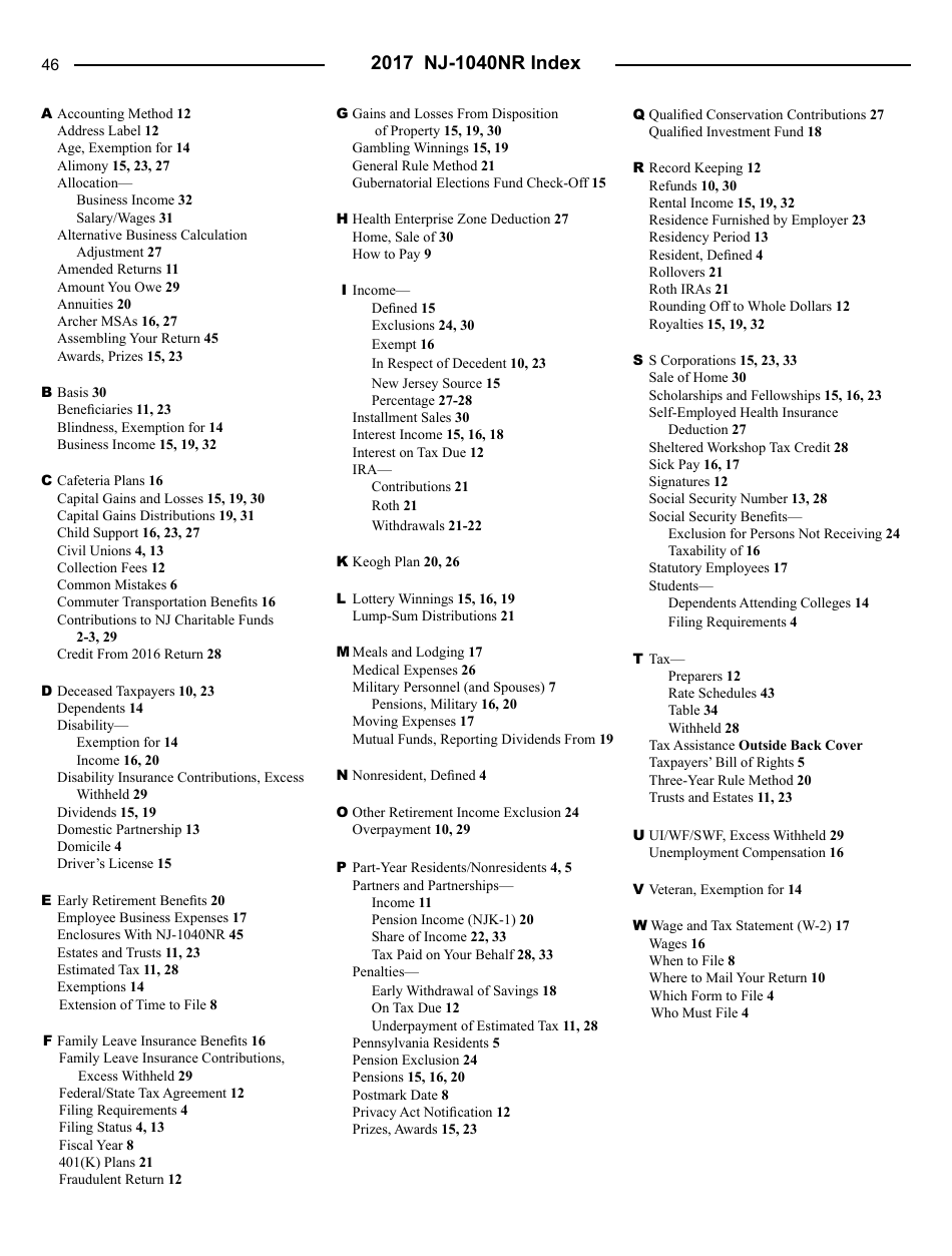 Instructions for Form NJ-1040NR Nonresident Return - New Jersey, Page 46