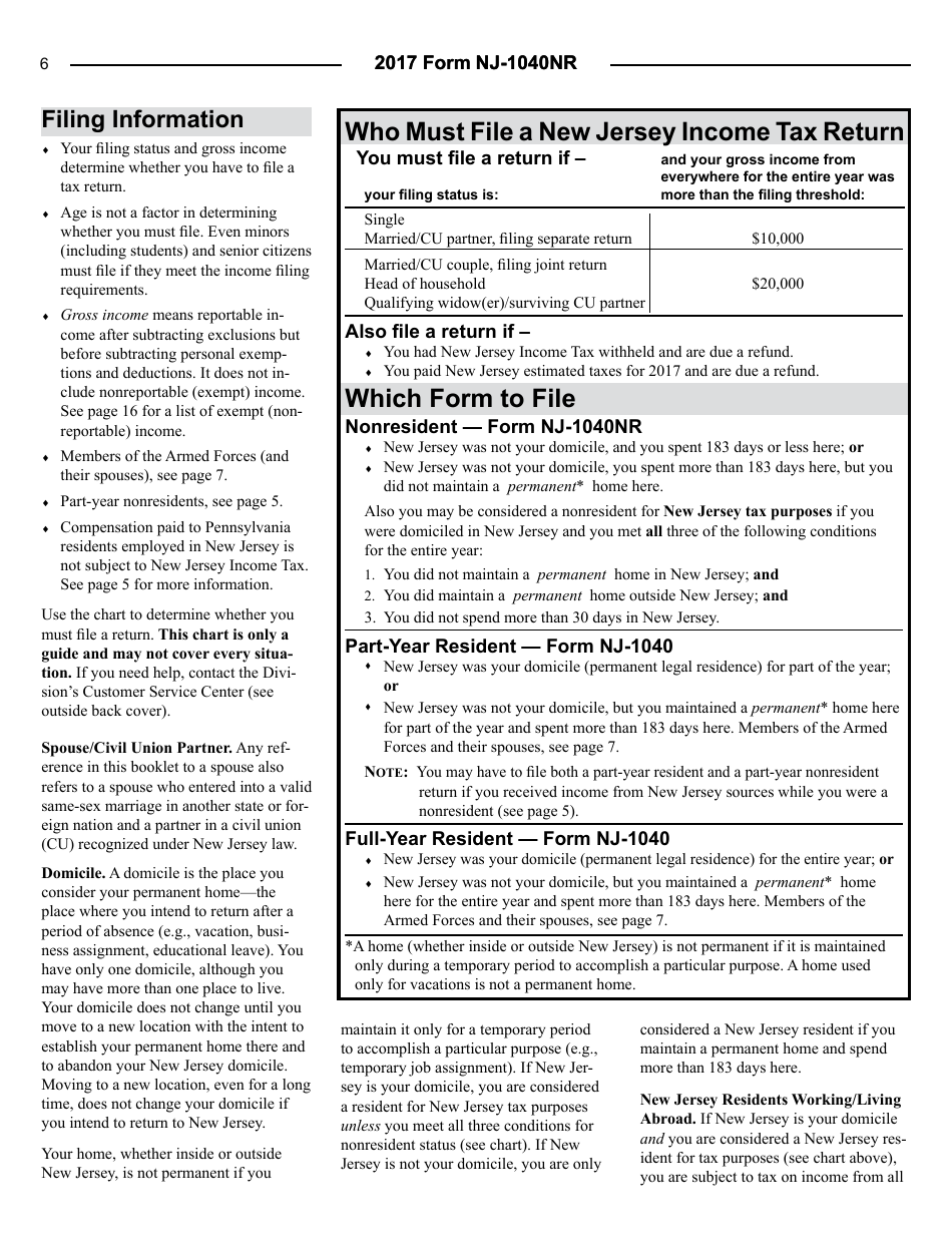 Download Instructions for Form NJ1040NR Nonresident Return PDF, 2017