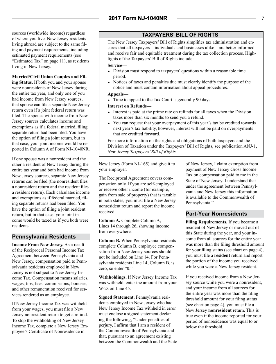 Instructions for Form NJ-1040NR Nonresident Return - New Jersey, Page 7
