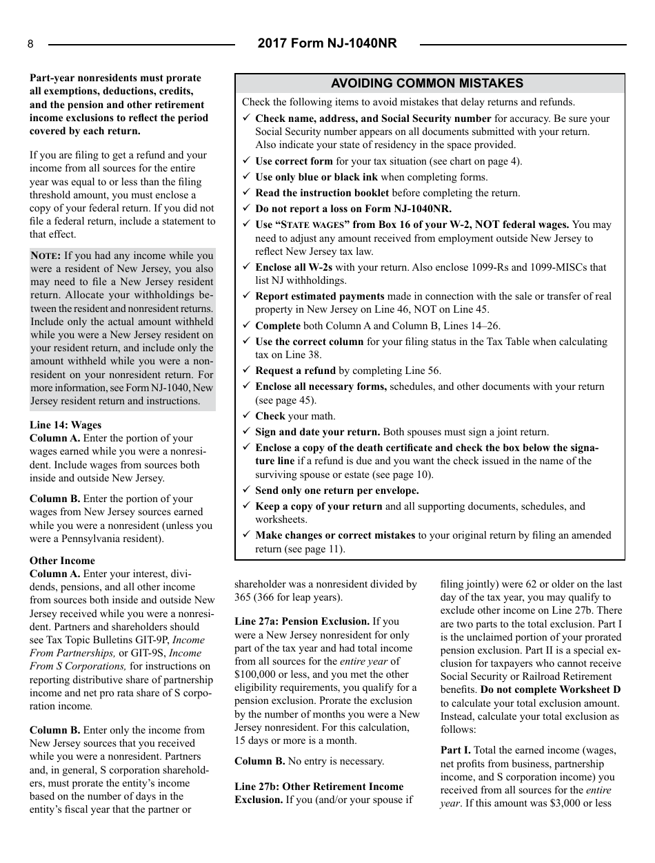 Instructions for Form NJ-1040NR Nonresident Return - New Jersey, Page 8
