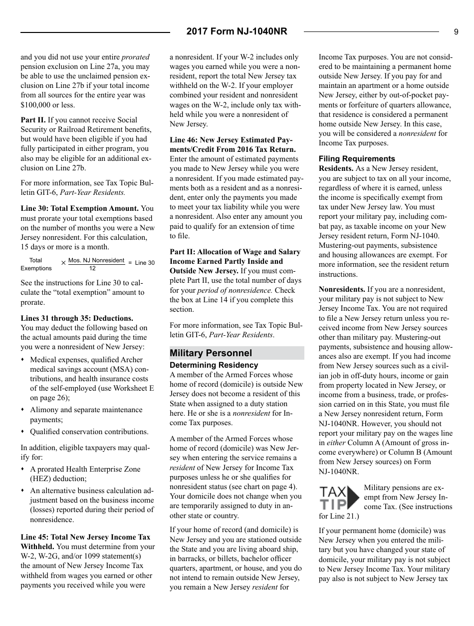 Instructions for Form NJ-1040NR Nonresident Return - New Jersey, Page 9