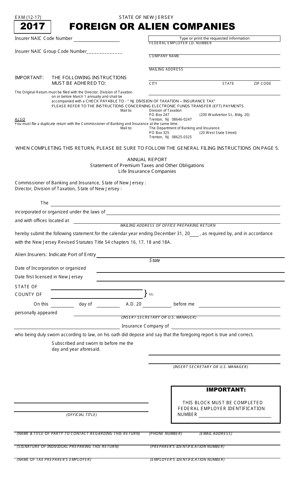 Form EXM Foreign or Alien Companies - New Jersey, Page 1