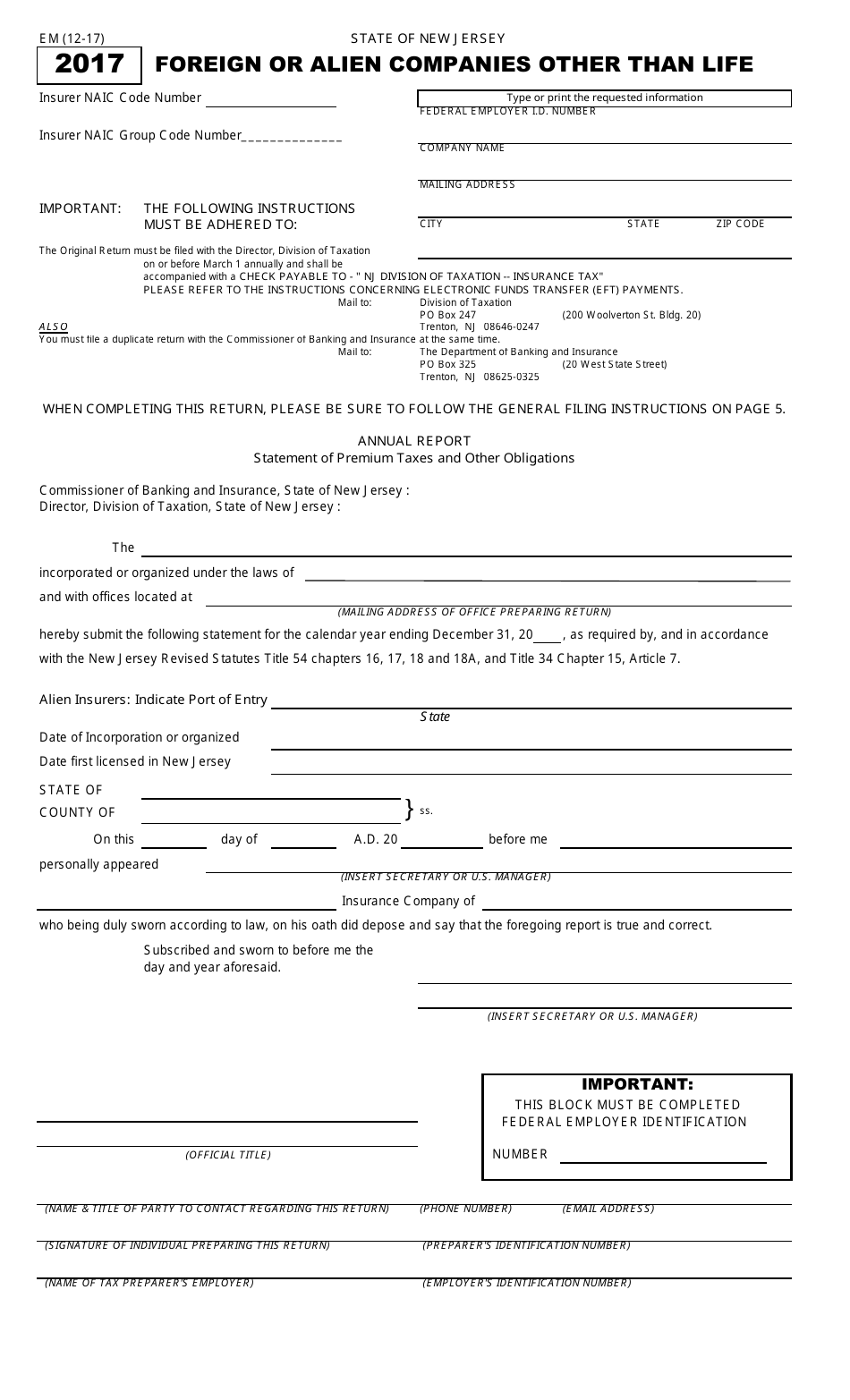 Form EM Foreign or Alien Companies Other Than Life - New Jersey, Page 1