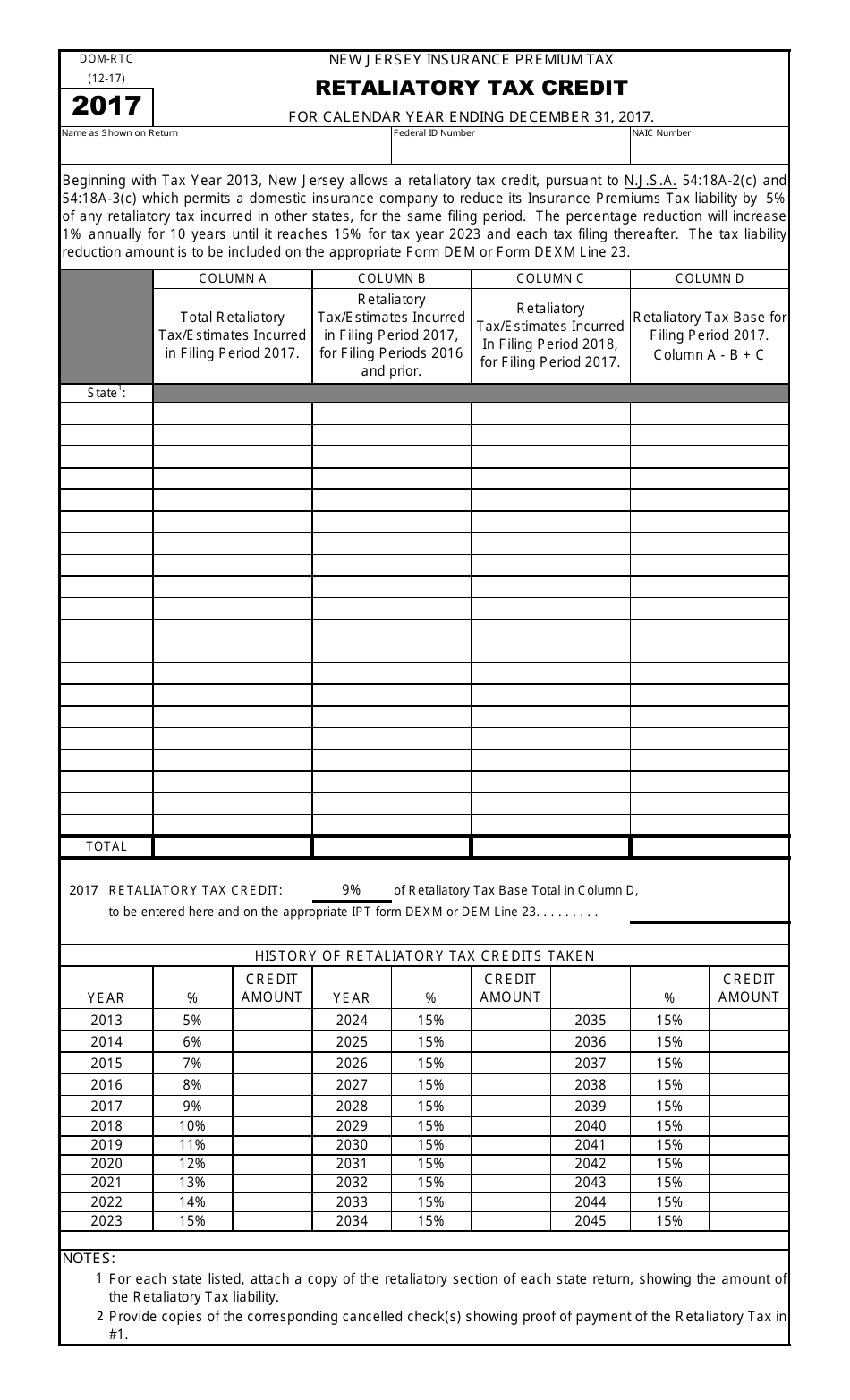 Form DOM-RTC Retaliatory Tax Credit - New Jersey, Page 1