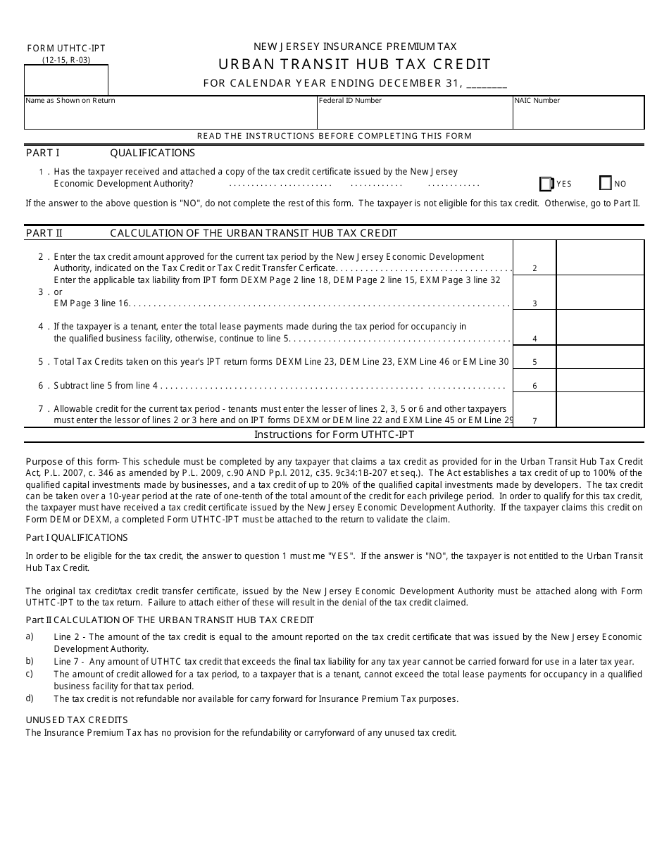 Form UTHTC-IPT Urban Transit Hub Tax Credit - New Jersey, Page 1