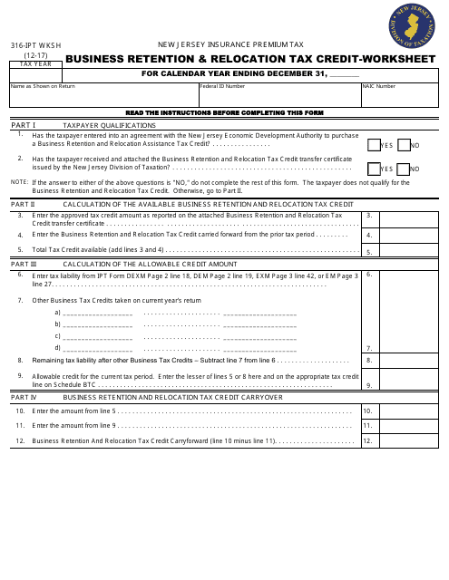Form 316-IPT Business Retention & Relocation Tax Credit - Worksheet - New Jersey