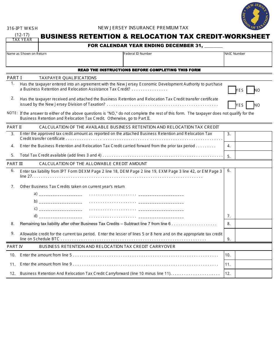 Form 316-IPT Business Retention  Relocation Tax Credit - Worksheet - New Jersey, Page 1
