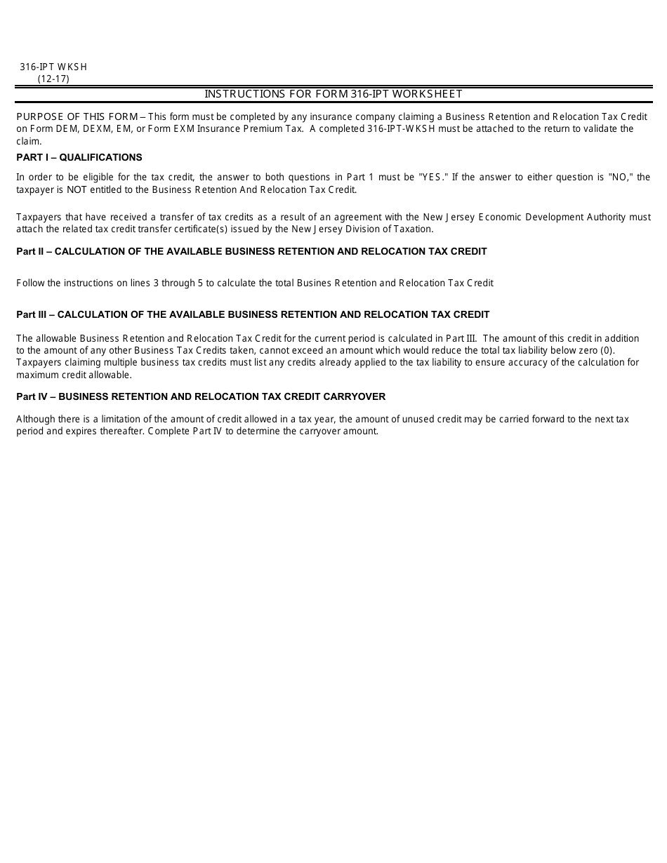 Form 316-IPT Business Retention  Relocation Tax Credit - Worksheet - New Jersey, Page 2