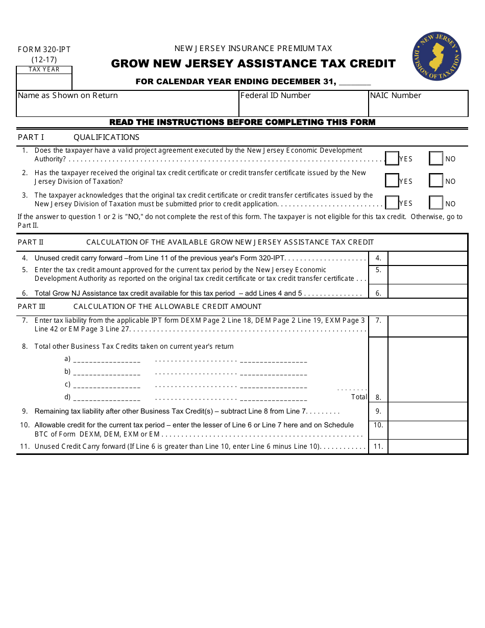 Form 320-IPT Grow New Jersey Assistance Tax Credit - New Jersey, Page 1