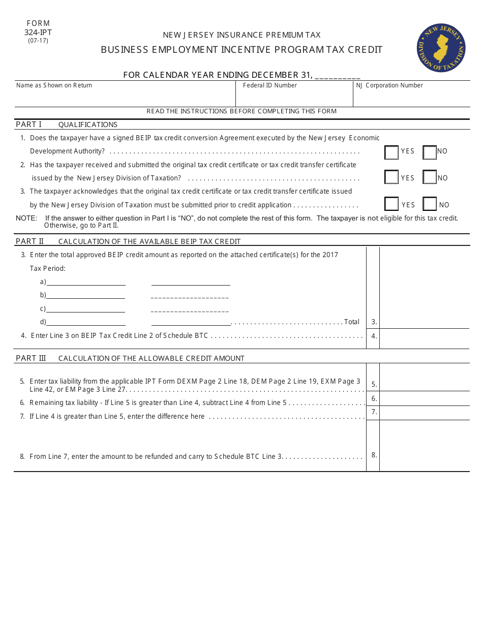 Form 324-IPT Business Employment Incentive Program Tax Credit - New Jersey, Page 1