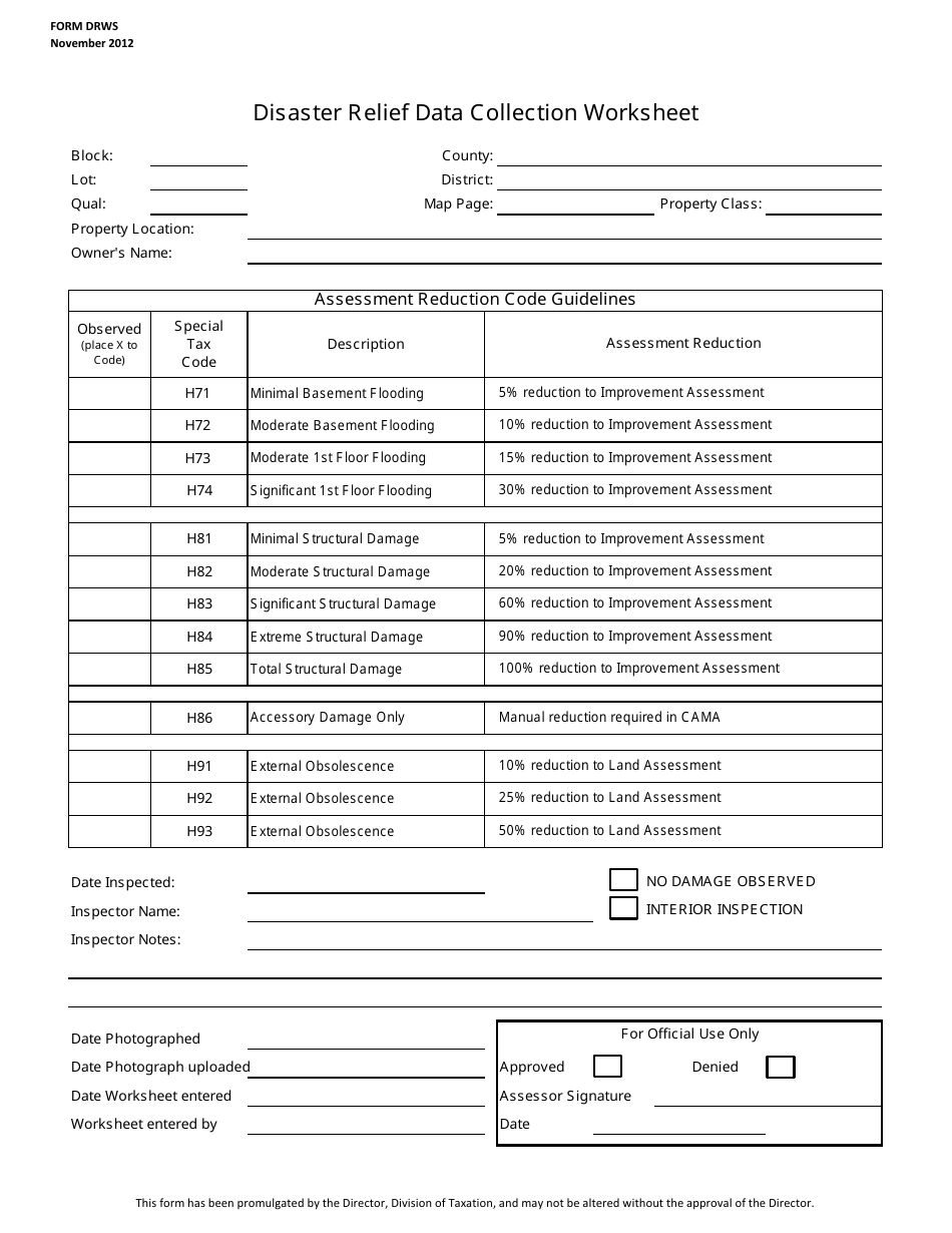 Form DRWS Disaster Relief Data Collection Worksheet - New Jersey, Page 1