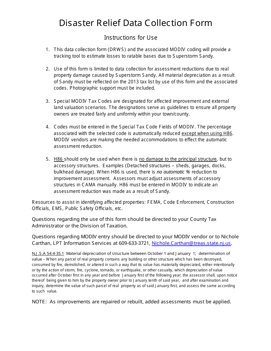 Form DRWS Disaster Relief Data Collection Worksheet - New Jersey, Page 2