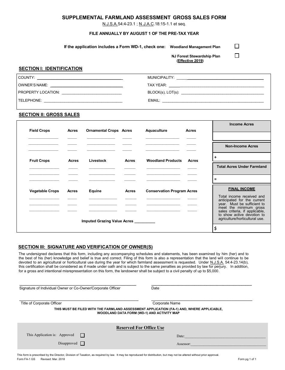 Form FA-1 GS Supplemental Farmland Assessment Gross Sales Form - New Jersey, Page 1