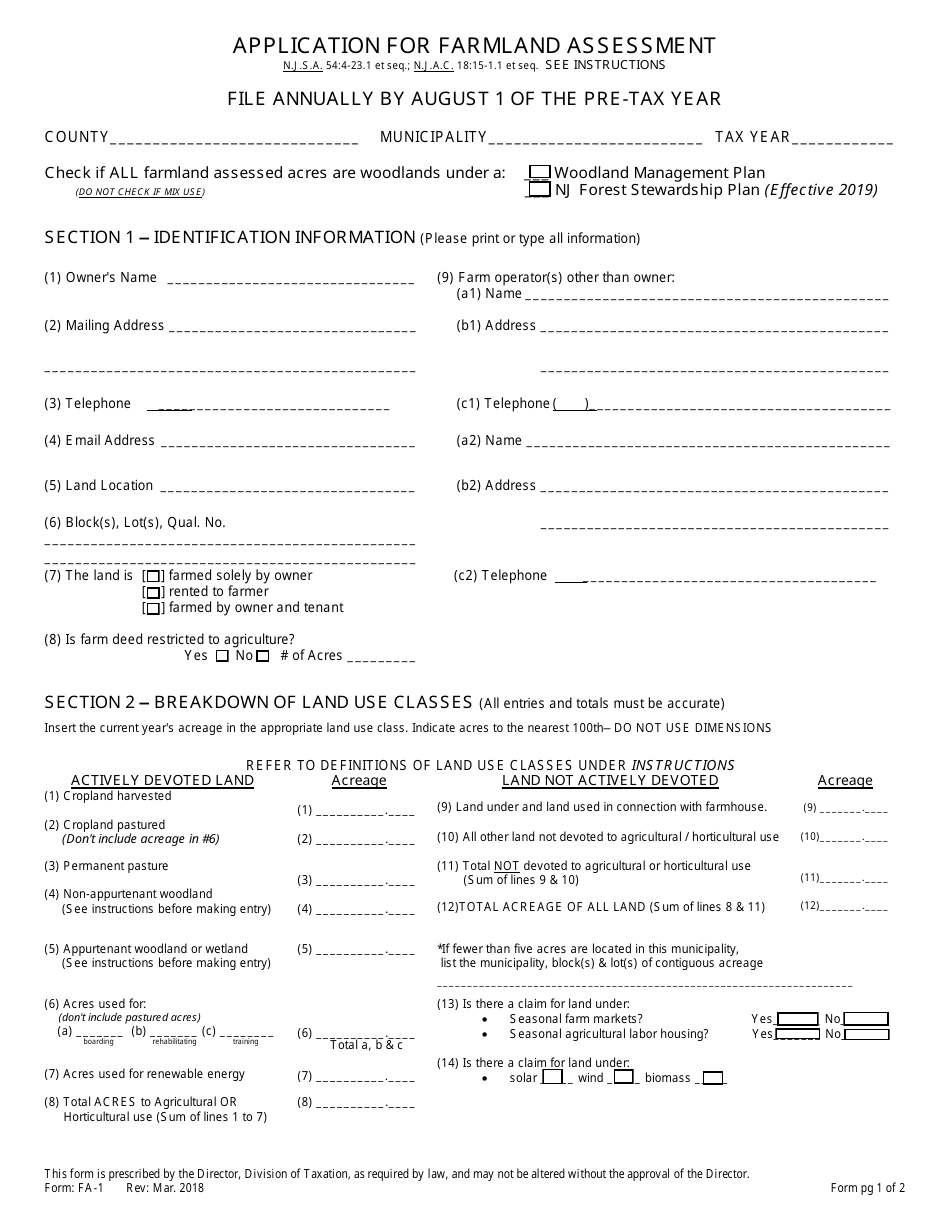 Form FA-1 Application for Farmland Assessment - New Jersey, Page 1