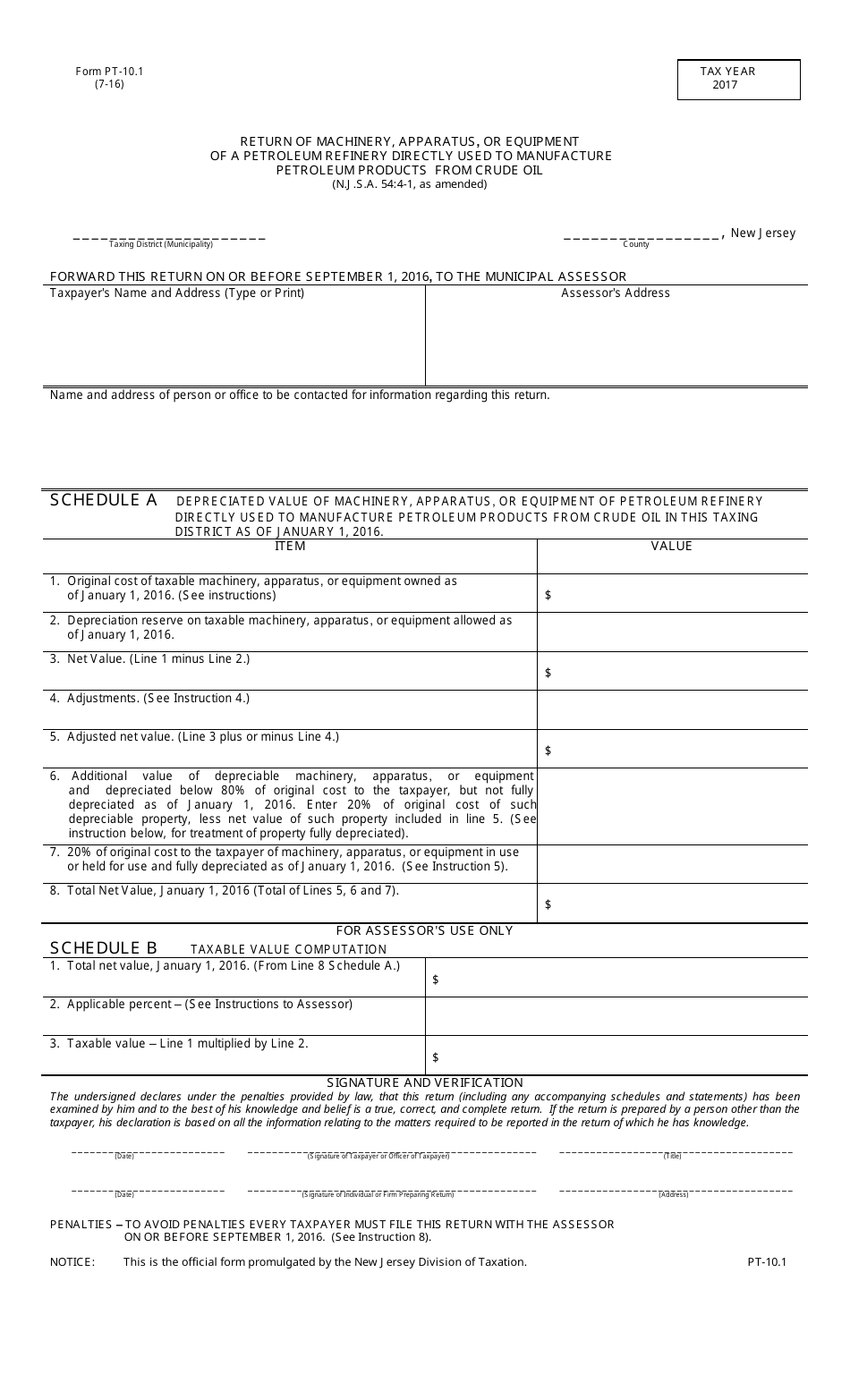 Form PT-10.1 Return of Machinery, Apparatus, or Equipment of a Petroleum Refinery Directly Used to Manufacture Pertoleum Products From Crude Oil - New Jersey, Page 1
