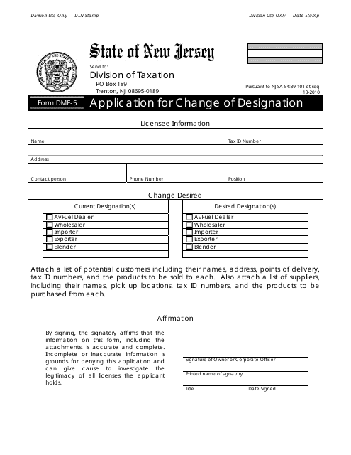 Form DMF-5 Application for Change of Designation - New Jersey