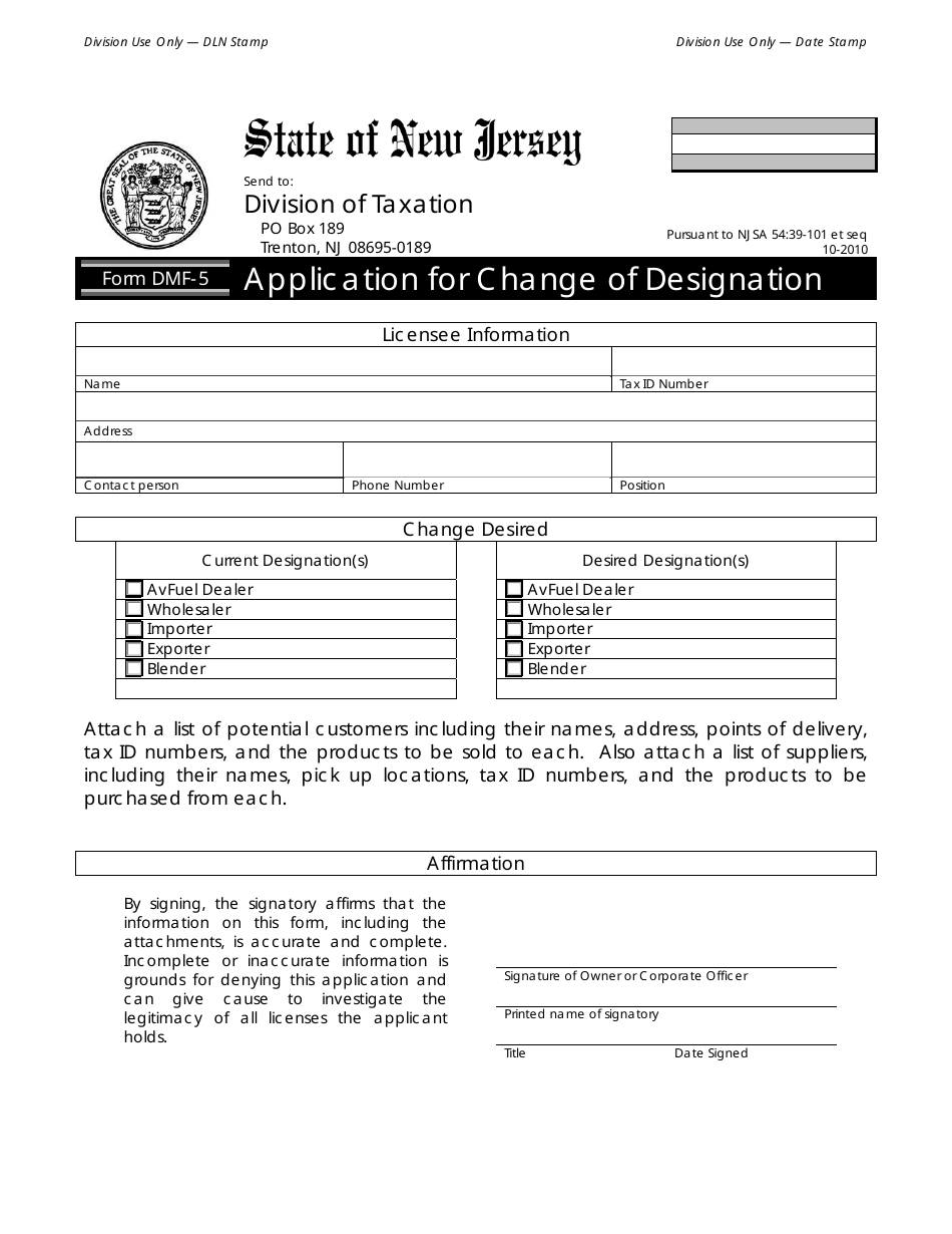 Form DMF-5 Application for Change of Designation - New Jersey, Page 1