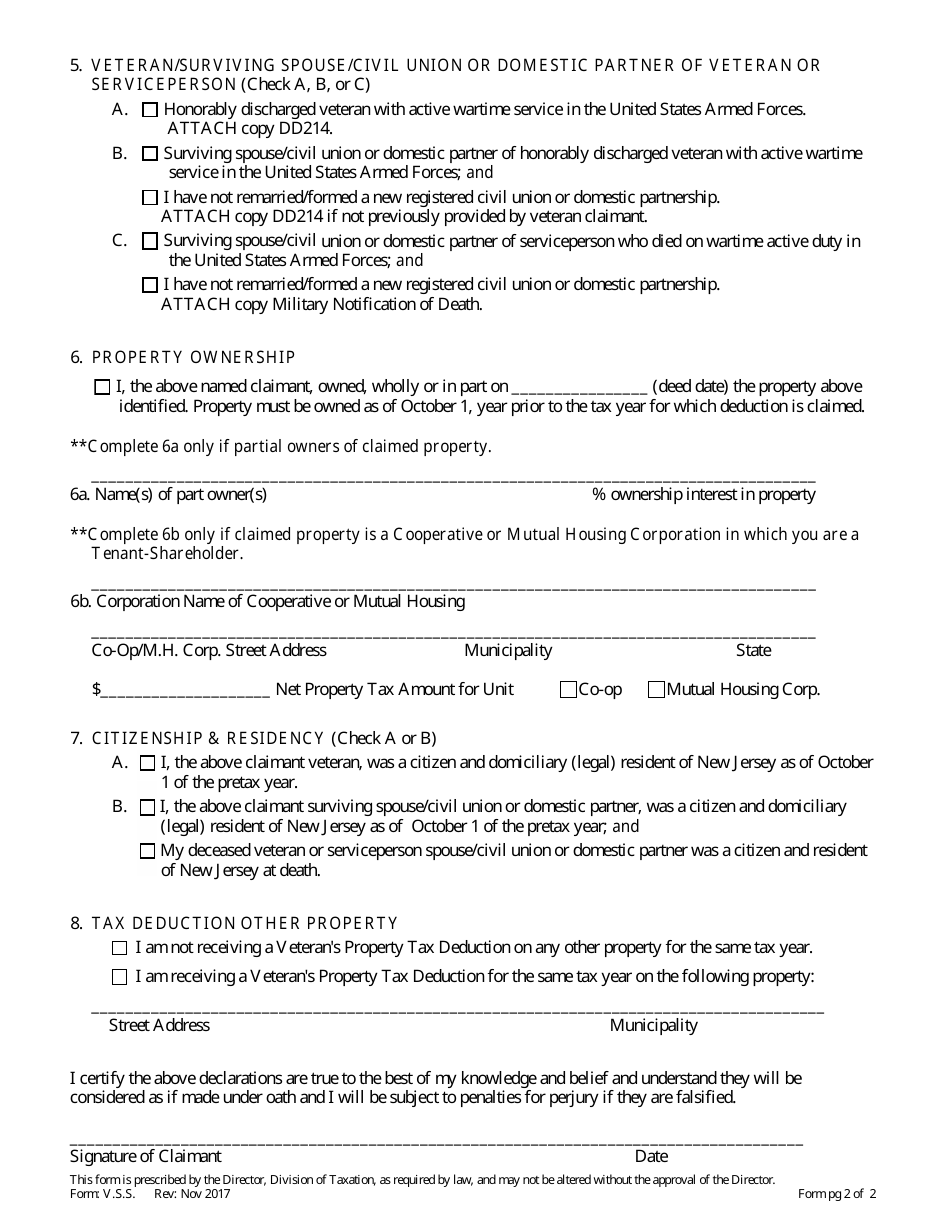 Form V.S.S. Property Tax Deduction Claim by Veteran or Surviving Spouse / Civil Union or Domestic Partner of Veteran or Serviceperson - New Jersey, Page 2
