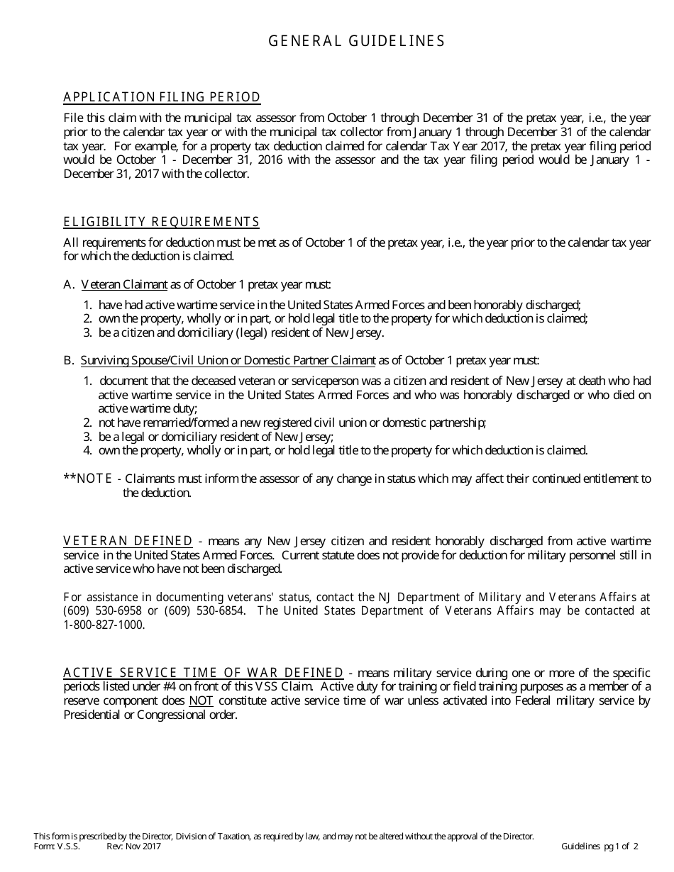 Form V.S.S. Property Tax Deduction Claim by Veteran or Surviving Spouse / Civil Union or Domestic Partner of Veteran or Serviceperson - New Jersey, Page 3