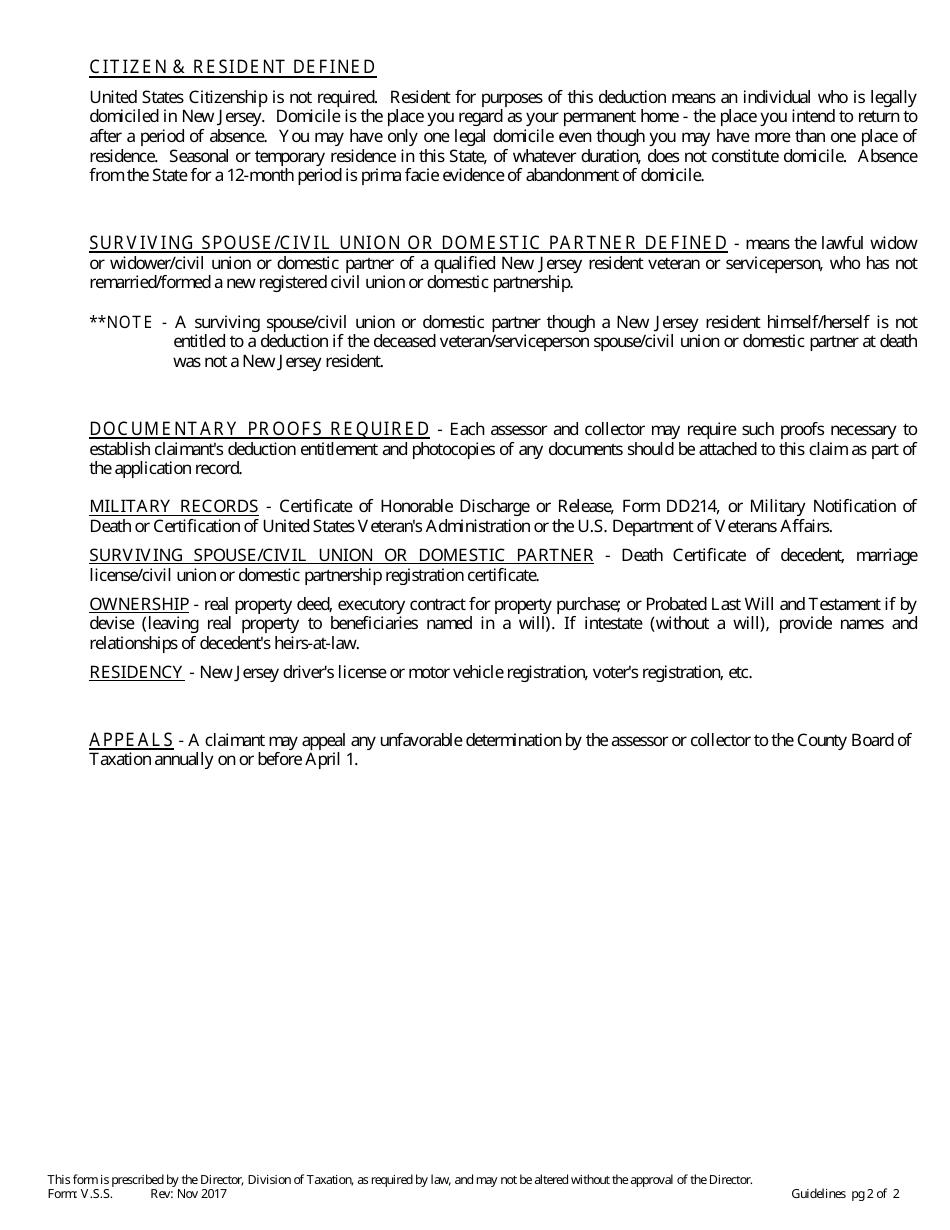 Form V.S.S. Property Tax Deduction Claim by Veteran or Surviving Spouse / Civil Union or Domestic Partner of Veteran or Serviceperson - New Jersey, Page 4
