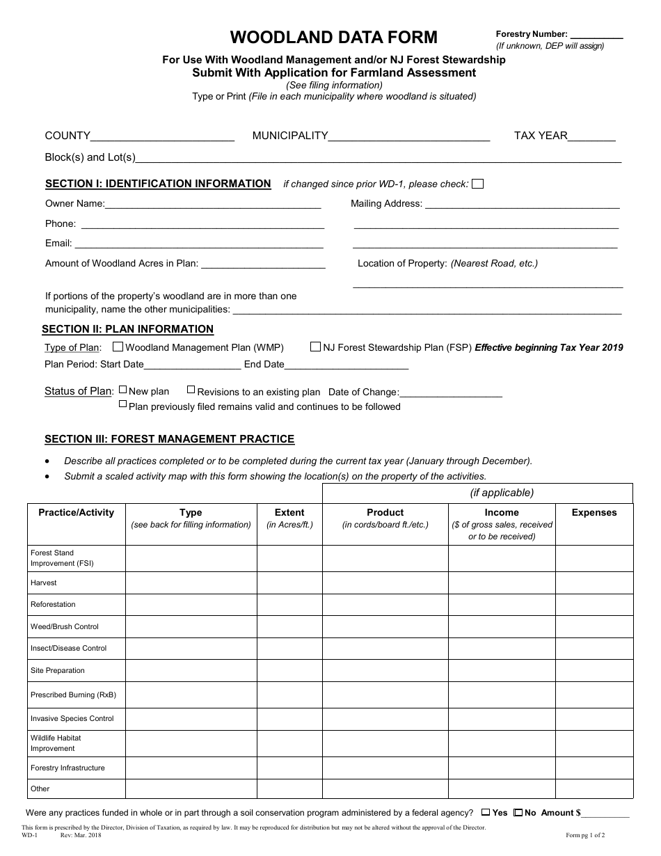 Form WD-1 Woodland Data Form - New Jersey, Page 1