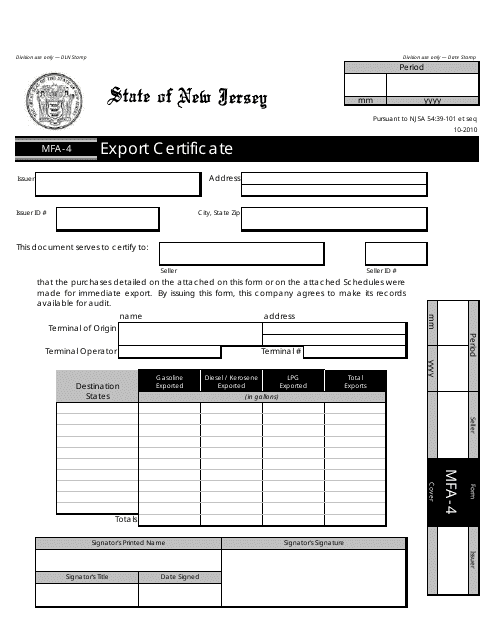 Form MFA-4 Export Certificate - New Jersey