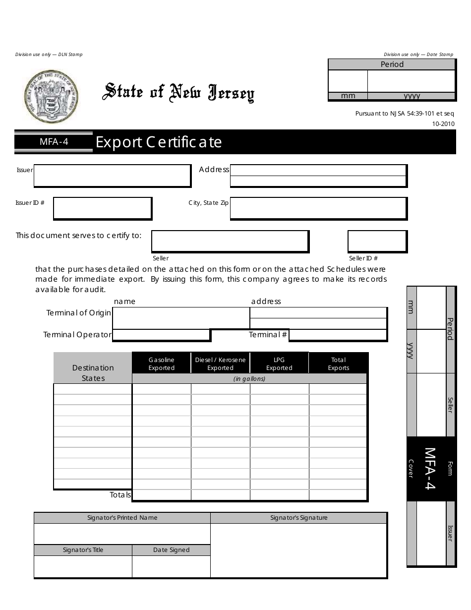 Form MFA-4 Export Certificate - New Jersey, Page 1
