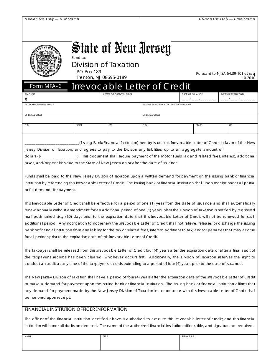 Form MFA-6 Irrevocable Letter of Credit - New Jersey, Page 1