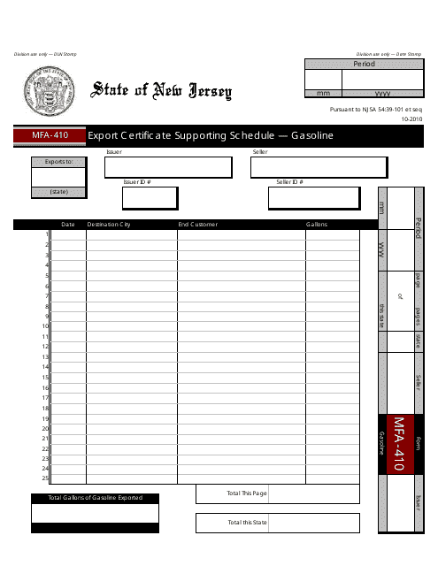 Form MFA-410 Export Certificate Supporting Schedule - Gasoline - New Jersey