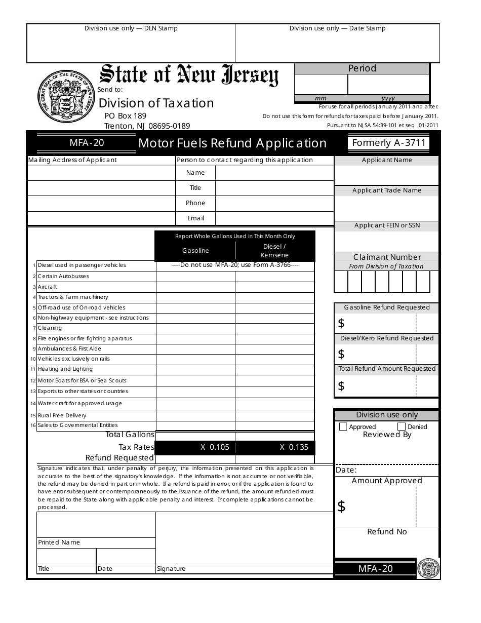 Form MFA-20 Motor Fuels Refund Application - New Jersey, Page 1