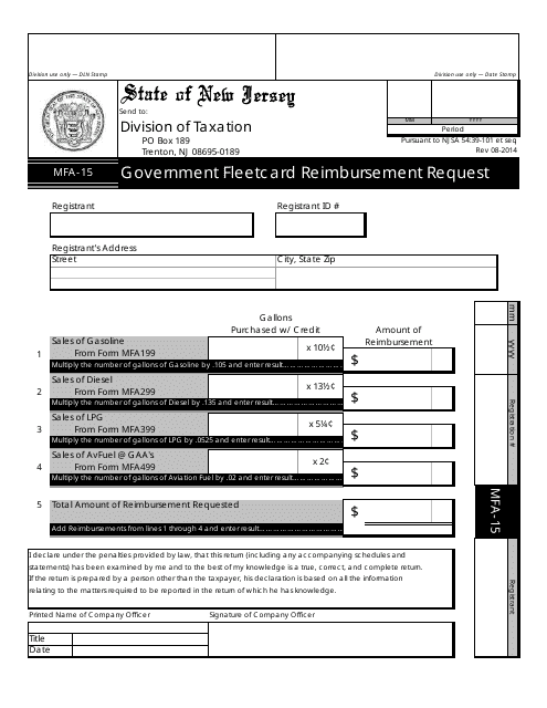 Form MFA-15 Government Fleetcard Reimbursement Request - New Jersey