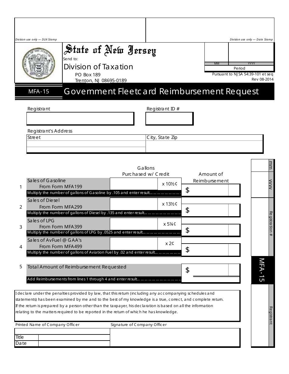 Form MFA-15 Government Fleetcard Reimbursement Request - New Jersey, Page 1