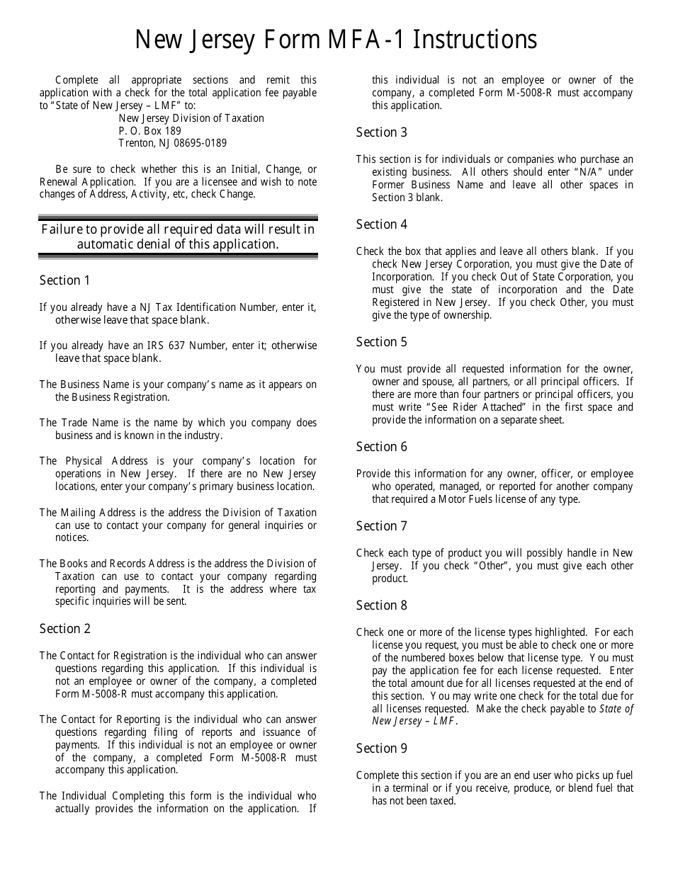 Form MFA-1 Combined Motor Fuels License Application - New Jersey, Page 10