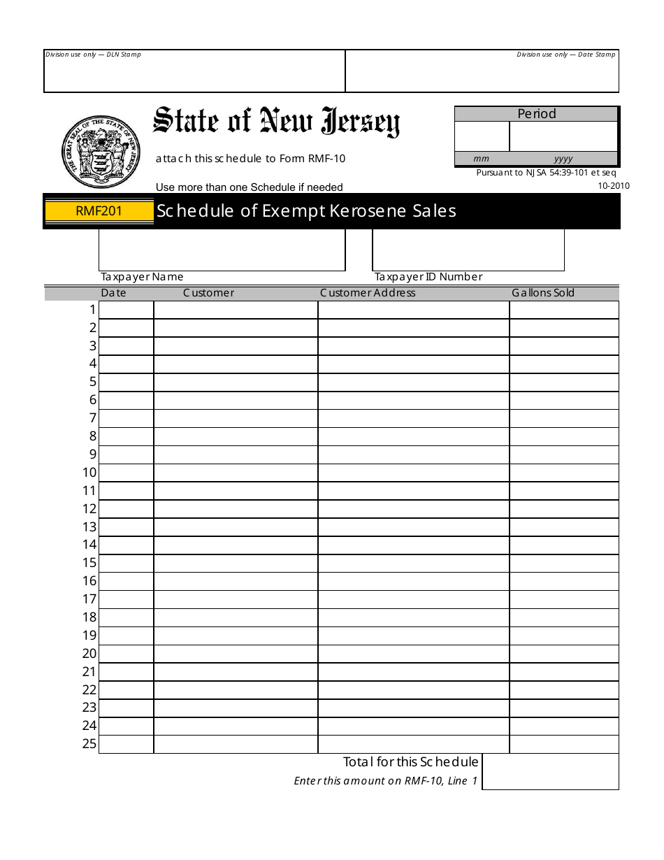 Form RMF201 Schedule of Exempt Kerosene Sales - New Jersey, Page 1