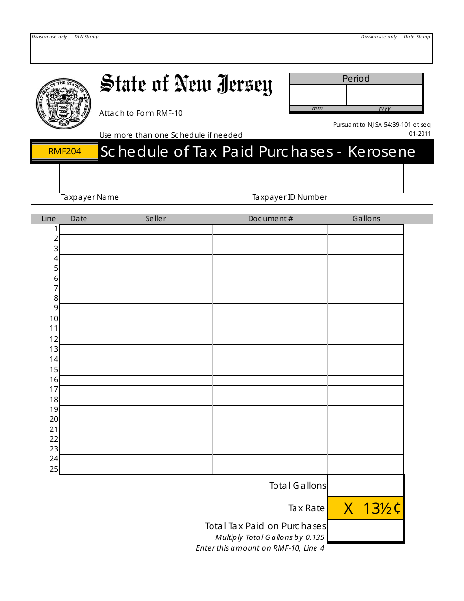 Form RMF204 Schedule of Tax Paid Purchases - Kerosene - New Jersey, Page 1
