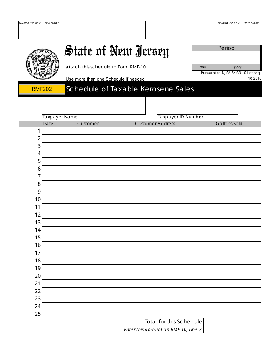 Form RMF202 Schedule of Taxable Kerosene Sales - New Jersey, Page 1