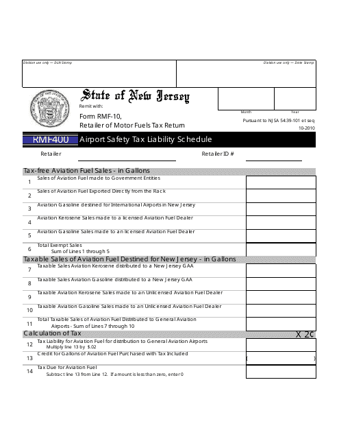 Form RMF400 Airport Safety Tax Liability Schedule - New Jersey