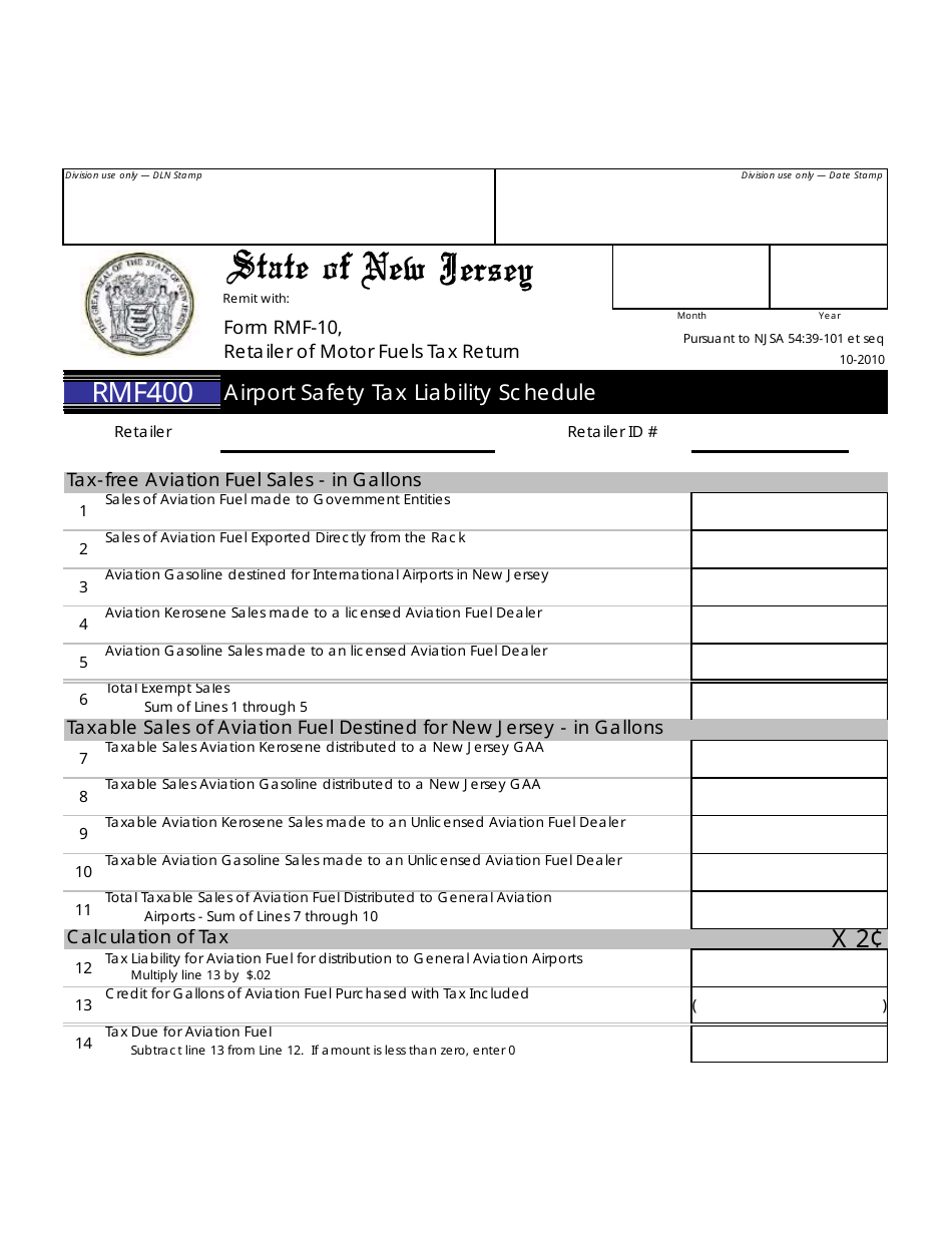 Form RMF400 Airport Safety Tax Liability Schedule - New Jersey, Page 1