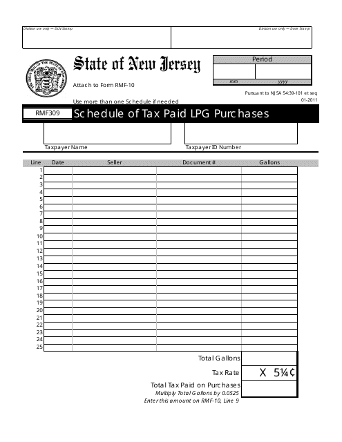 Form RMF309 Schedule of Tax Paid Lpg Purchases - New Jersey