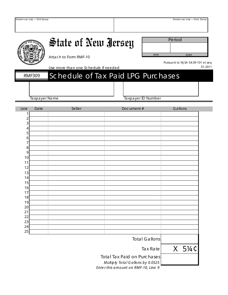 Form RMF309 Schedule of Tax Paid Lpg Purchases - New Jersey, Page 1
