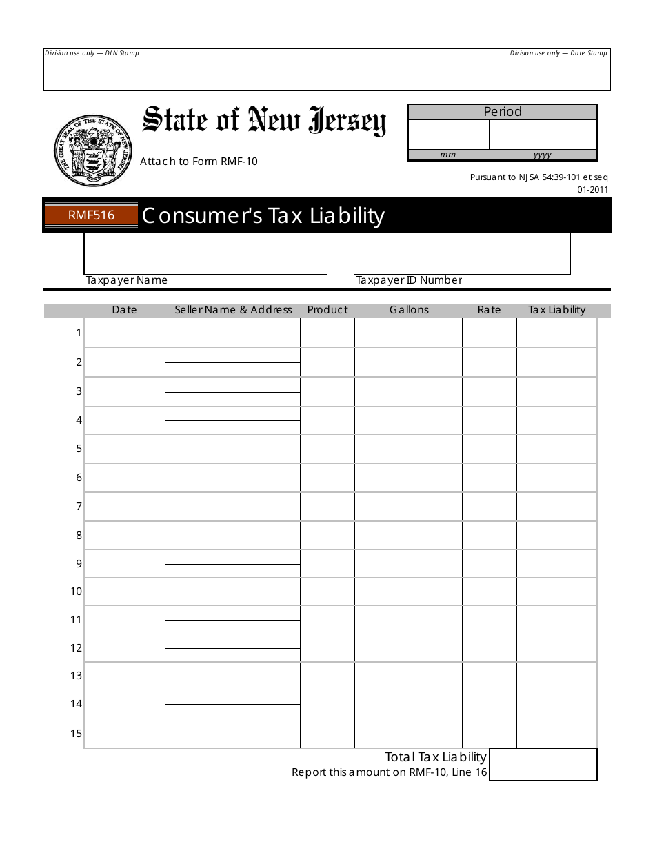 Form RMF516 Consumers Tax Liability - New Jersey, Page 1