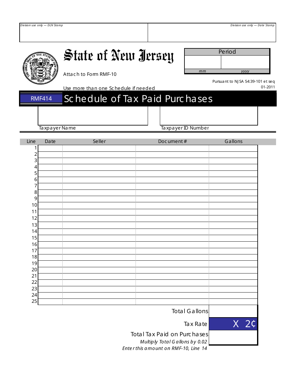 Form RMF414 Schedule of Tax Paid Purchases - New Jersey, Page 1