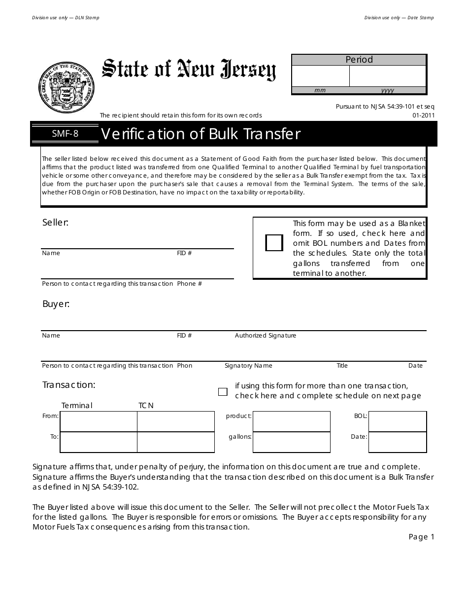Form SMF-8 Verification of Bulk Transfer - New Jersey, Page 1
