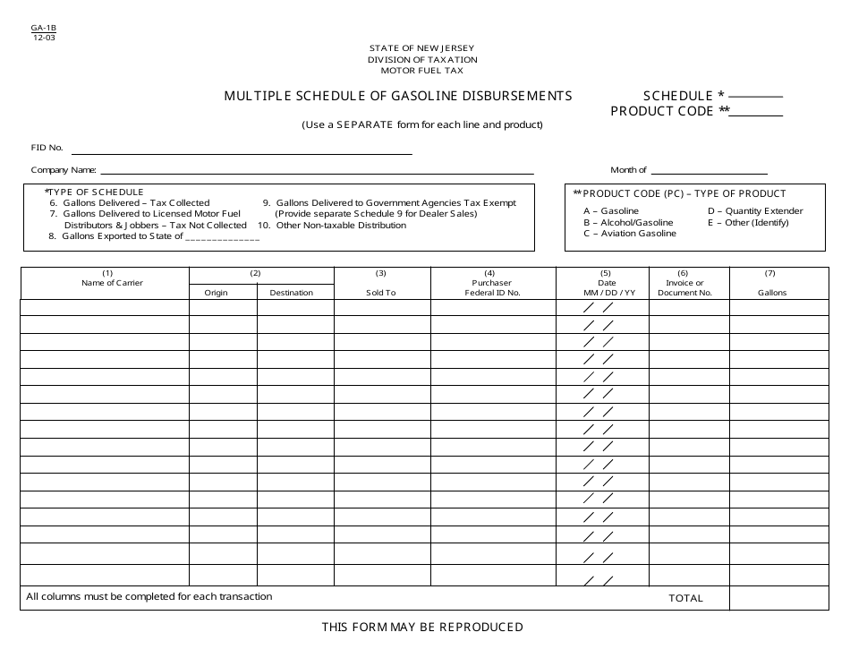 Form GA-1B Multiple Schedule of Gasoline Disbursements - New Jersey, Page 1