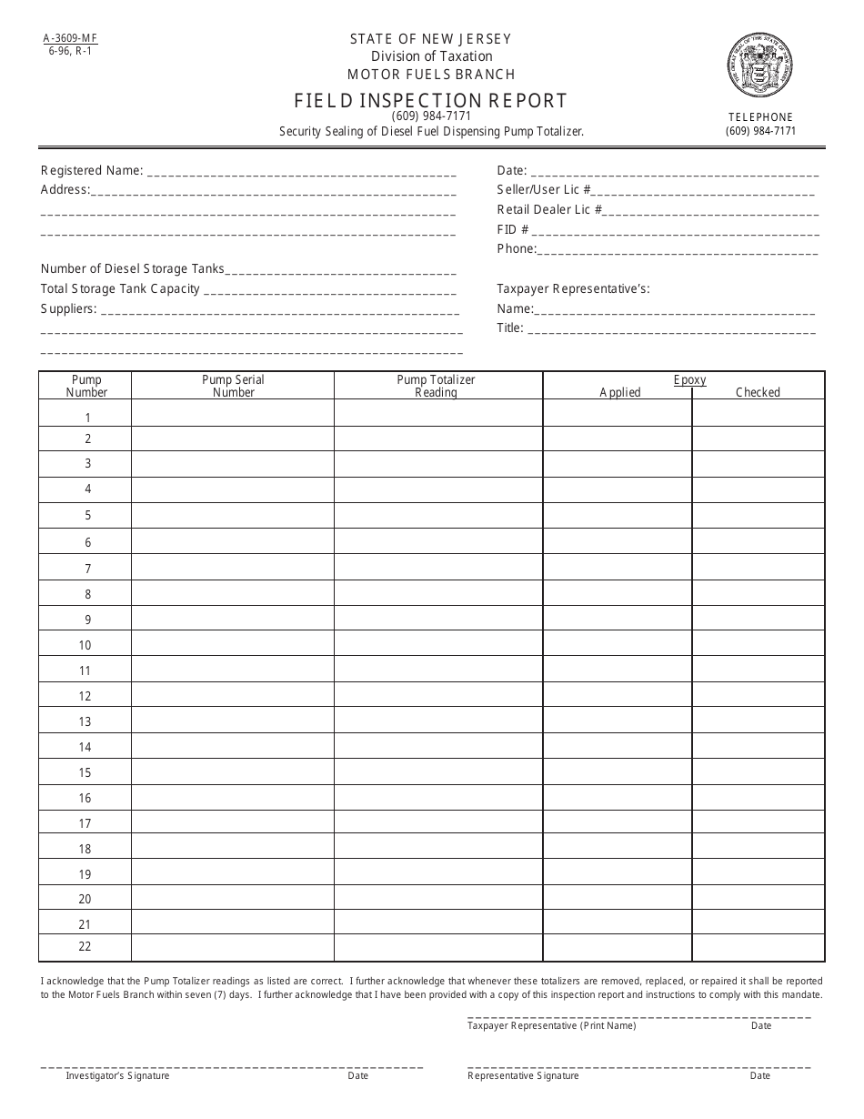 Form A-3609-MF Motor Fuel Field Inspection Report - New Jersey, Page 1