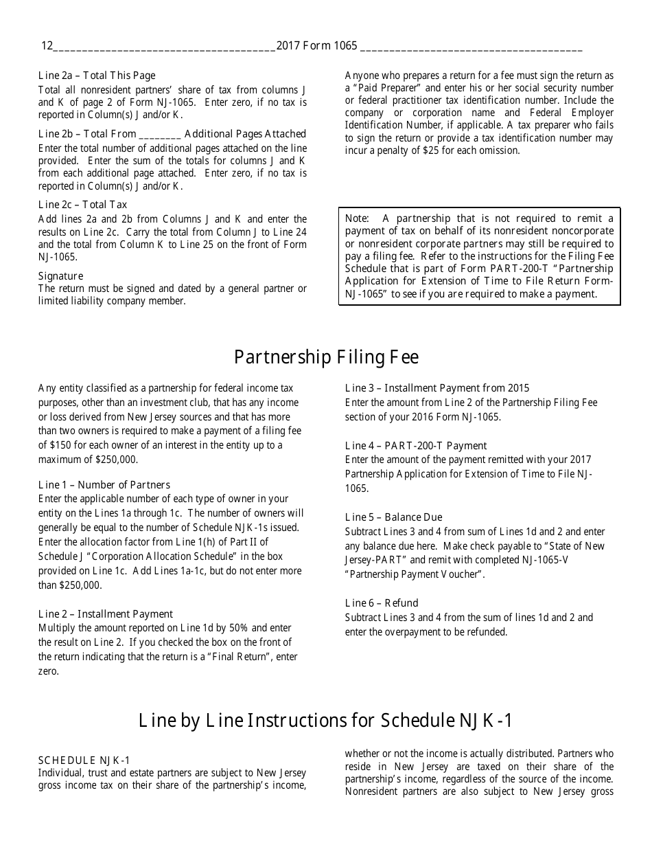 Instructions for Form NJ-1065 Partnership Return and New Jersey Partnershop Njk-1 - New Jersey, Page 12
